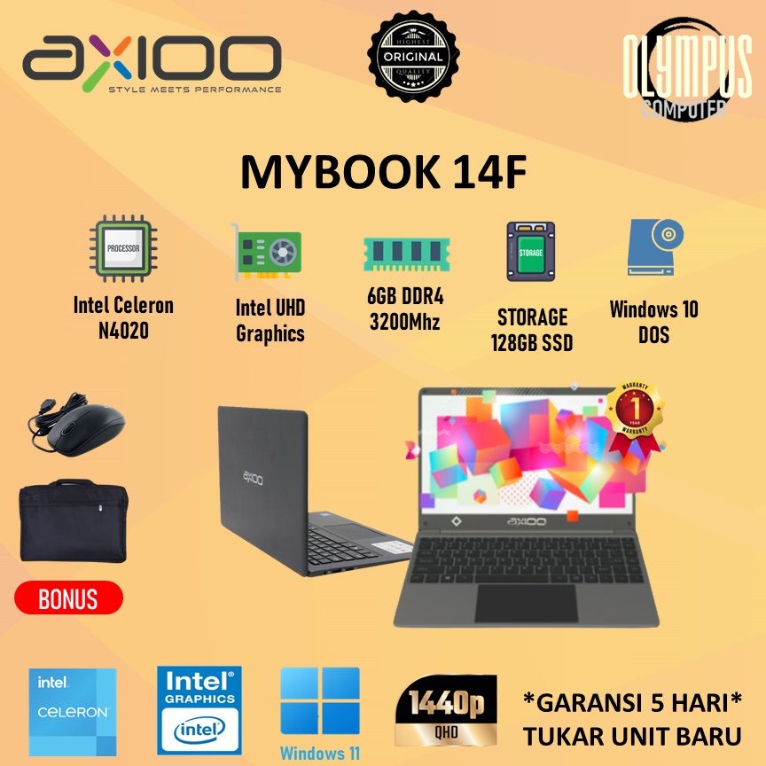 Laptop Axioo Mybook 14F 2.5K Intel N4020 6GB 128SSD DOS 13"WQXGA