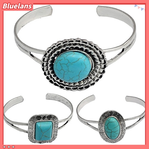 Gelang Model Terbuka Desain Geometris Turquoise Gaya Retro Untuk Wanita