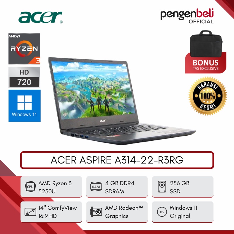 LAPTOP ACER RESMI ASPIRE A314-22-R3RG [AMD RYZEN 3 3250U | 4GB RAM | SSD 256 GB | AMD RADEON GRAPHIC