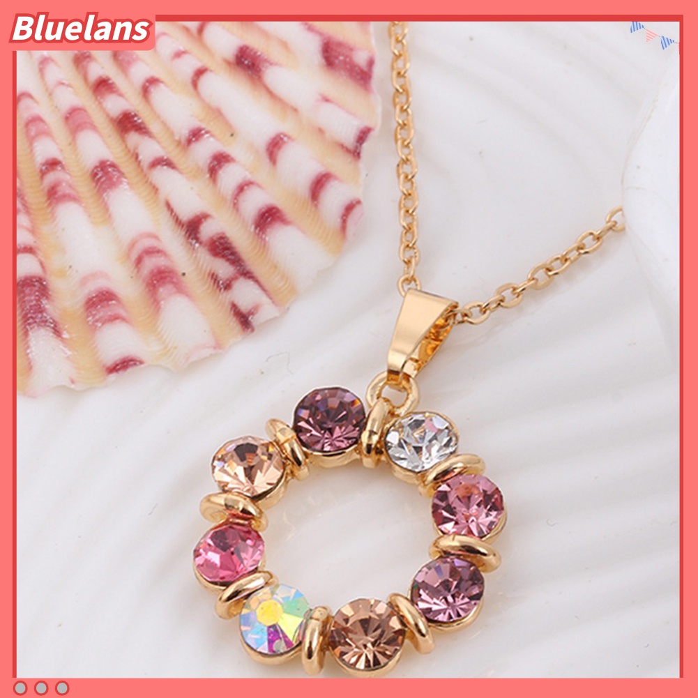 Set Perhiasan Kalung Anting Stud Berlian Imitasi Bentuk Lingkaran Warna-Warni Untuk Wanita