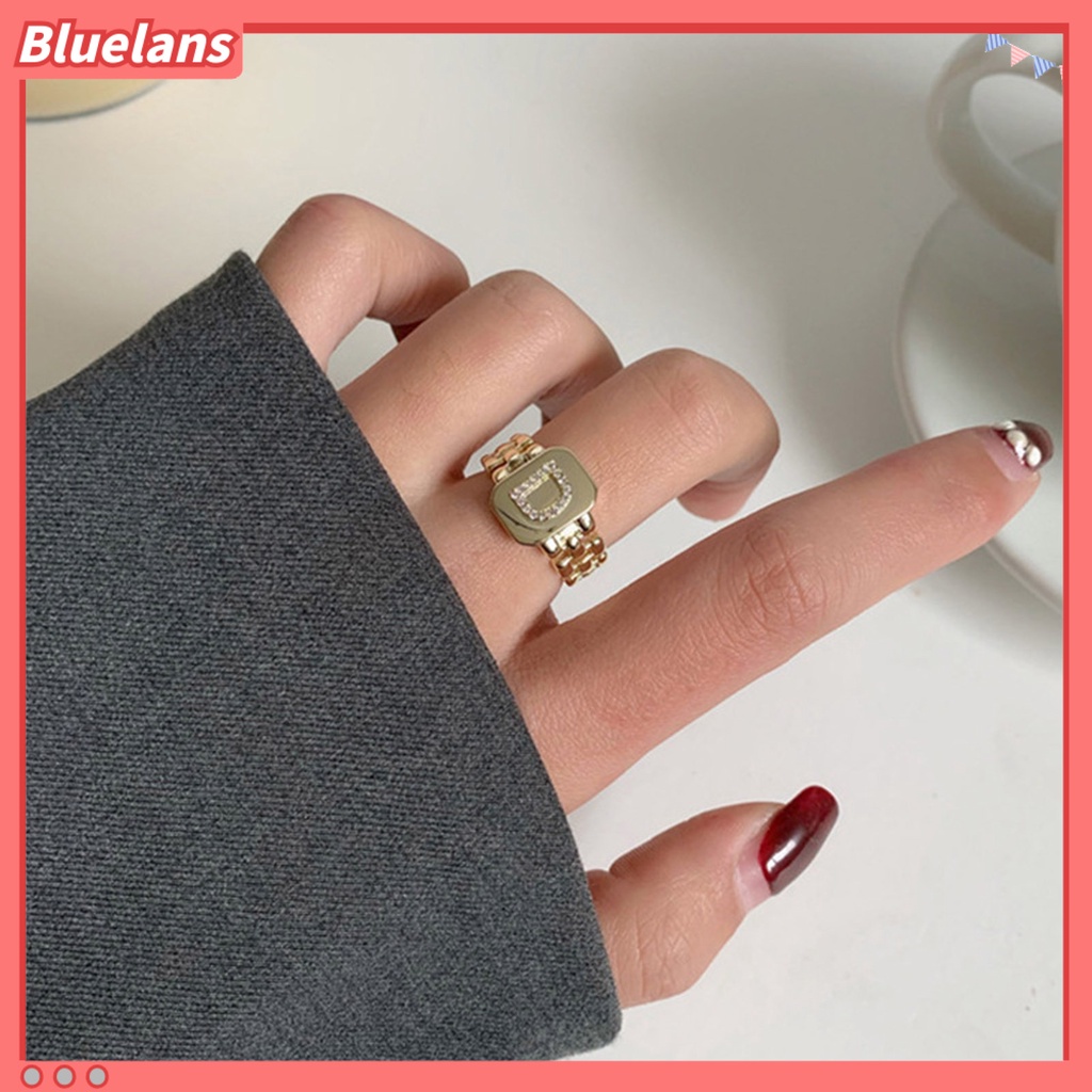 Bluelans Cincin Model Terbuka Adjustable Desain 26 Huruf Aksen Berlian Imitasi Untuk Unisex
