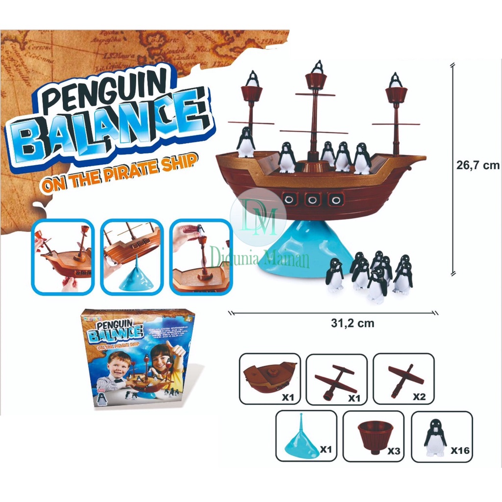 Mainan edukasi anak kapal bajak laut pinguin balancing board game set penguin balance on the pirates ship