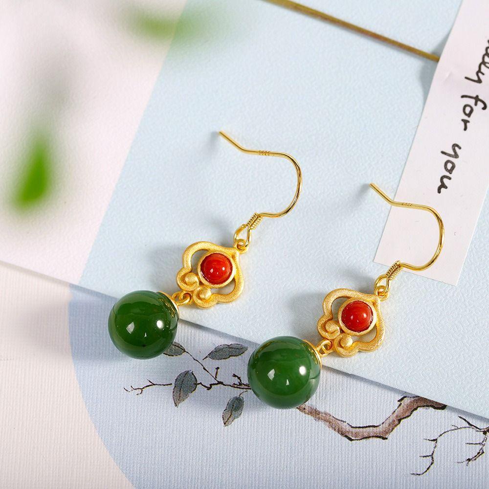 Mxbeauty Anting Wanita Warna Solid Retro Pesta Fashion Desain Manik Hijau Lady Menjuntai Earrings