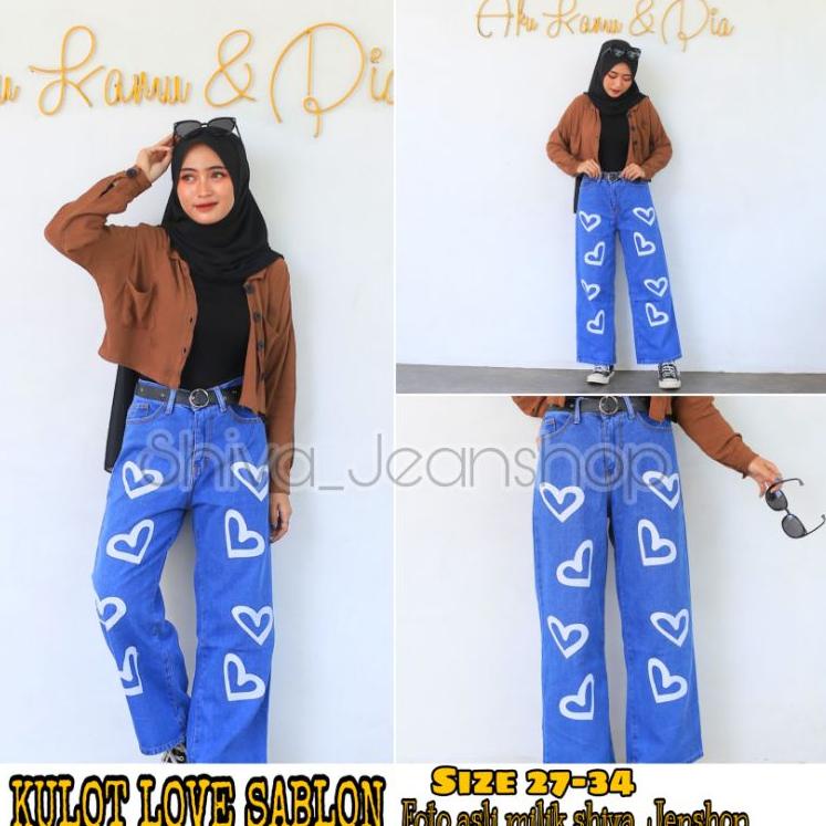 WKB.18Oc22ᴰ– SHIVA - Celana High waist Jeans Wanita - BF Jeans Kulot Love Sablon Putih