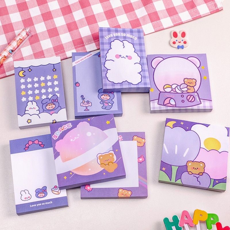 STICKY NOTE INS AESTHETIC MEMO PAD PUPLE ,PINK ,BLUE CARTOON CUTE KAWAII RT68