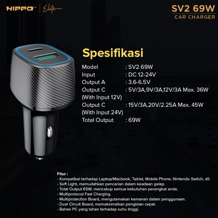 Hippo Car Charger SV 2 PD 69W Power Delivery Fast Quick Charging 3.0 Casan Colokan Mobil Type C Android Iphone Micro Lightning QC Dual Port USB A USB C