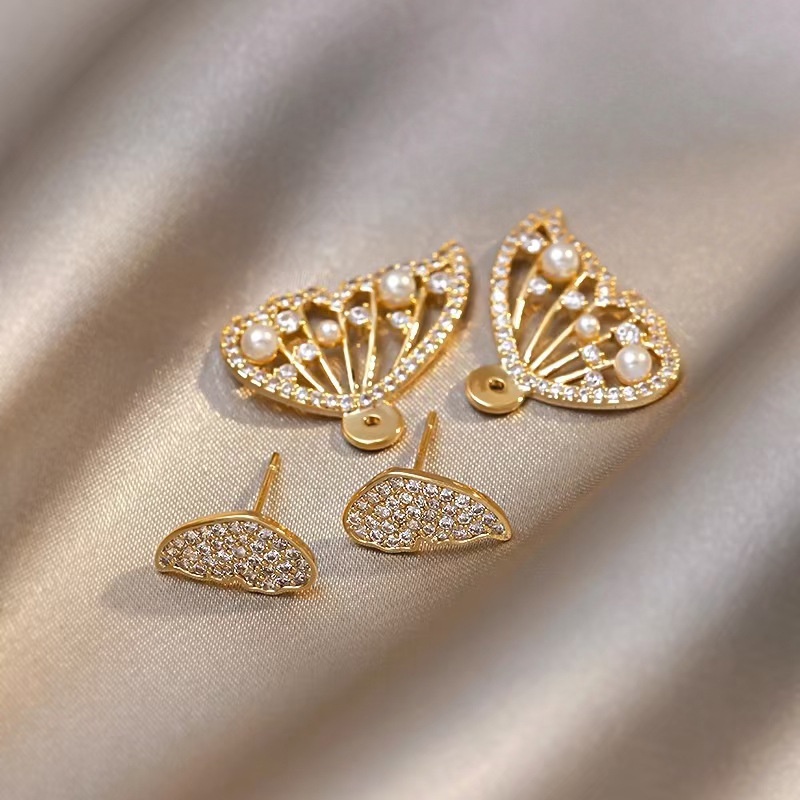 Anting Tusuk Gantung Bahan Sterling Silver 925 Desain Kupu-Kupu + Mutiara Gaya Korea Untuk Wanita Butterfly