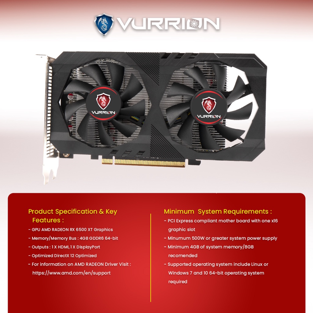 Vga Card AMD Radeon RX 6500 XT 4GB GDDR6 64Bit Vurrion - GPU RX6500 DDR6 Vurion