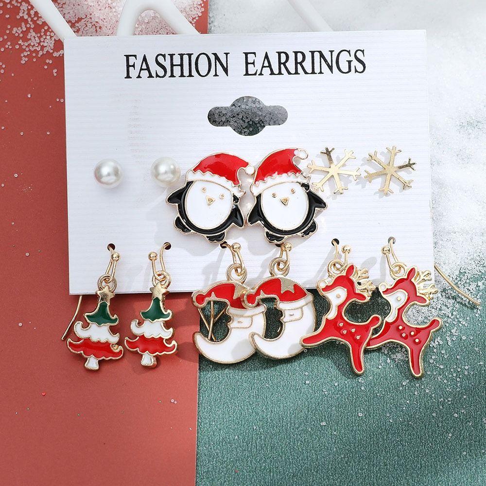 Mxbeauty Anting Tusuk Natal Untuk Anak Perempuan 6pasang/set Sederhana Elk Santa Claus Pohon Natal Snowman Kartun Bell Wanita Drop Earrings