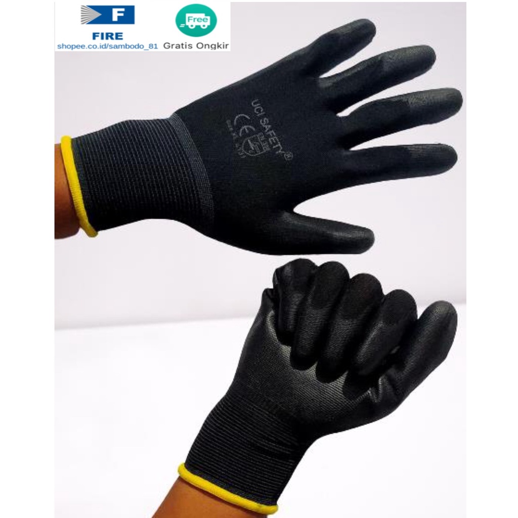 Sarung Tangan Proyek Satpam Anti Slip Hitam Black Hand Gloves Mekanik Montir Berkebun Tukang Telapak Tangan dilapisi karet Bahan Nylon Polyester Elektronik Assembly Static Multi Purpose Polyurethane Kerja Palmfit