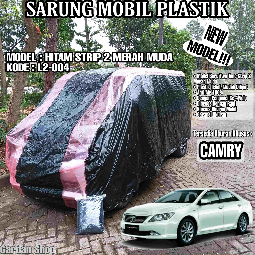 Sarung Mobil Plastik CAMRY Hitam Strip 2 Merah Muda Full Anti Air Full Waterproof