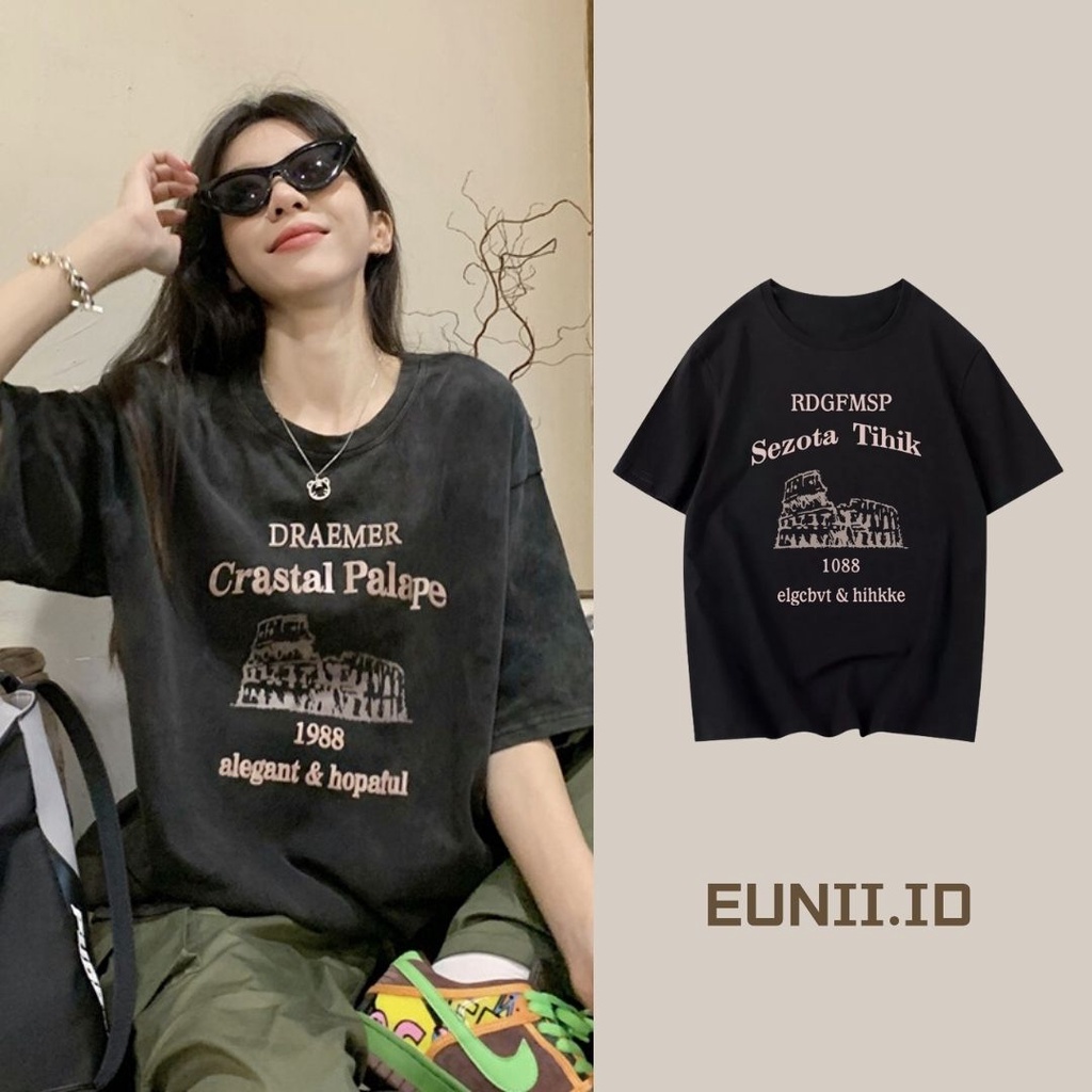 EUNII T-shirt Lengan Pendek Modis Bahasa Inggris Pencetakan Longgar Korean Style/Kaos Atasan Wanita/Baju Kaus Oversize Wanita