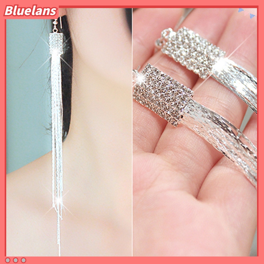 Bluelans 1 Pair Women Square Rhinestone Drop Earrings Long Tassels Chain Dangle Hook Earrings Jewelry