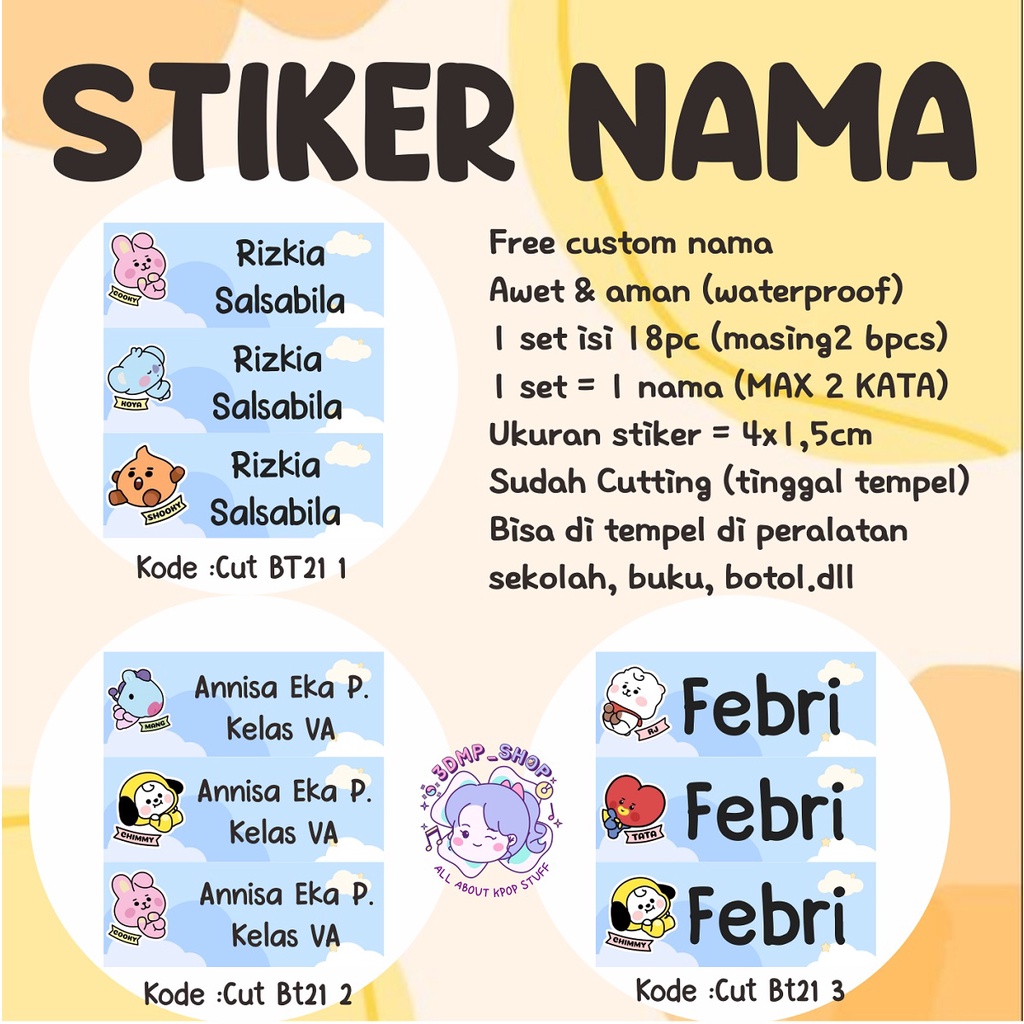 Stiker label nama custom request buku botol cutting anak perempuan sd laki laki pria muslim faceless bts bt21
