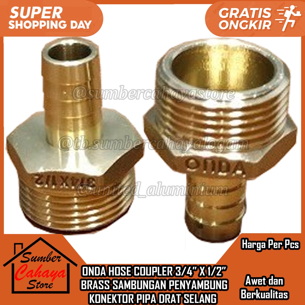 ONDA HOSE COUPLER 3/4” X 1/2” KUNINGAN BRASS SAMBUNGAN PENYAMBUNG KONEKTOR PIPA DRAT SELANG SLANG BR