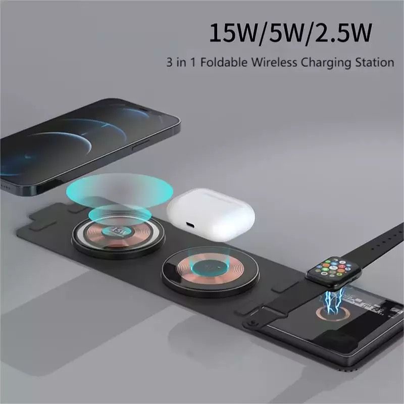 Magsafe 3 in 1 Foldable Magnetic Wireless Charging Watch 15W - Fabric Design Magnetic Charging + Wireless Charging + Apple Watch Charging