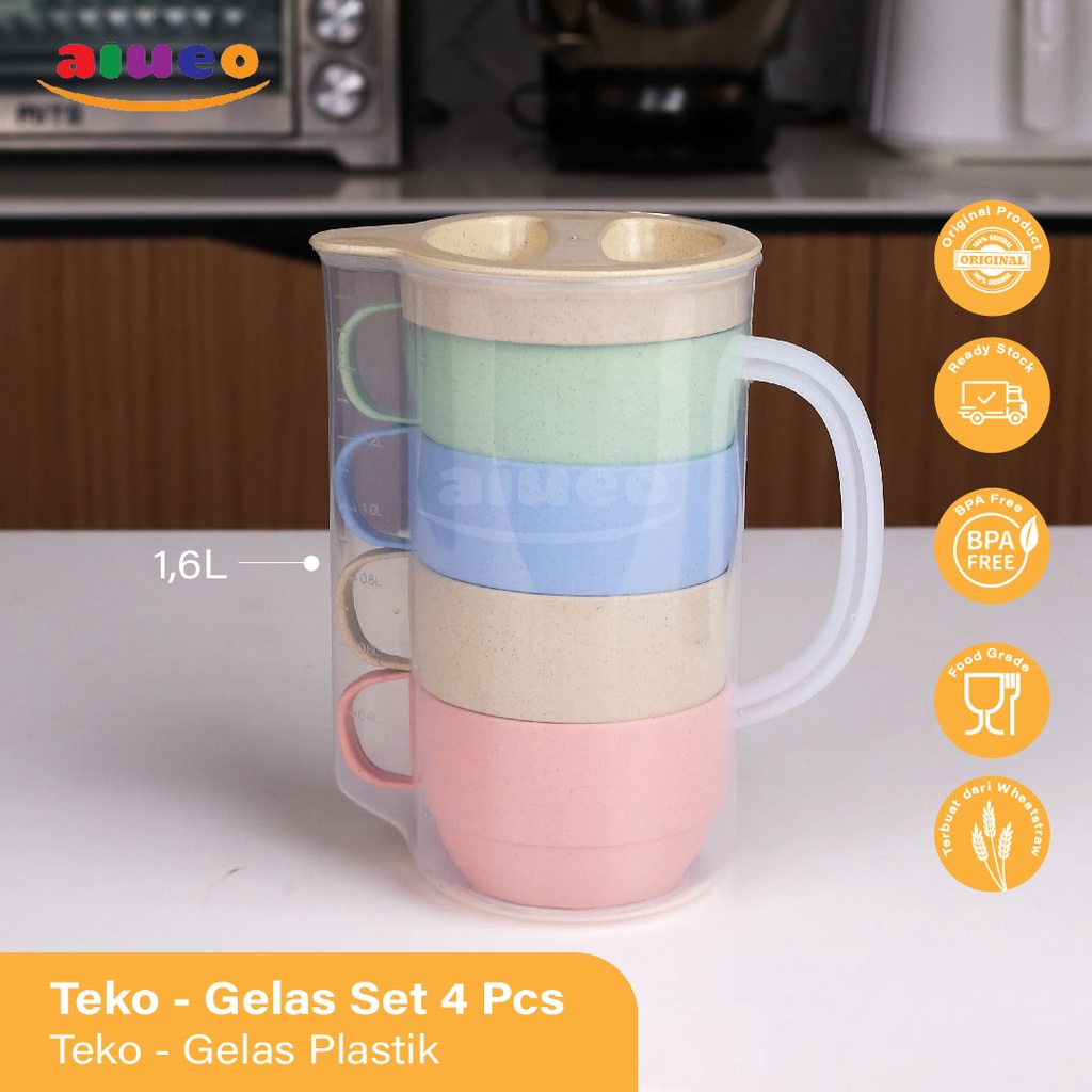1 SET LENGKAP Teko Gelas Set 4 Pcs / Teko Jus / Cangkir Teh / Kopi Gelas Plastik | Gelas Teko Plasti