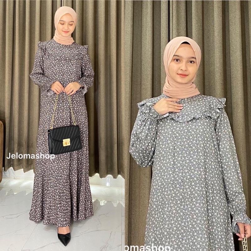 Rusmala gamis ruffle/gamis rayon royal motif bunga/gamis wanita motif