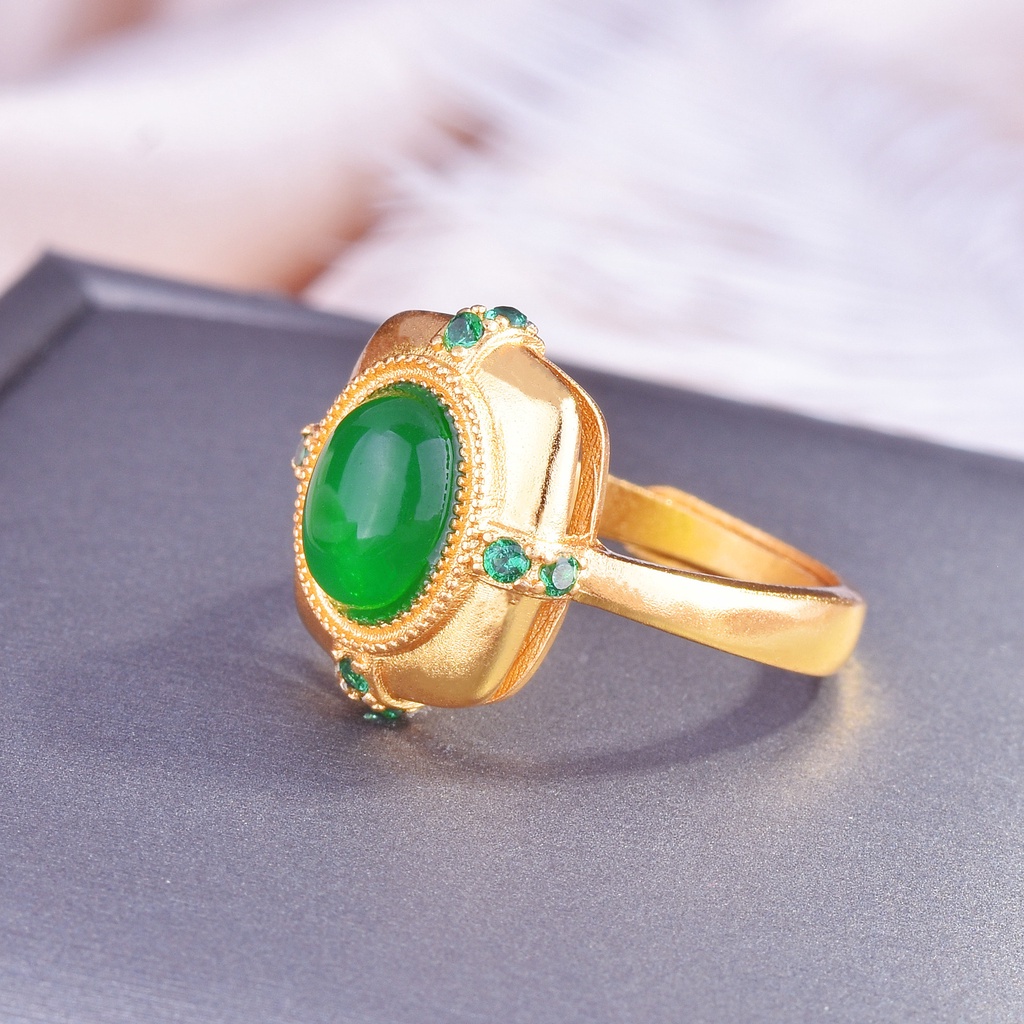 Goldkingdom Perhiasan Fashion 24K Bangkok Aksesoris Ready Stock Gilt Ukir Kerajinan Emas Asli Kadar 375 Hias Zamrud Kalsedon Cincin Untuk Wanita