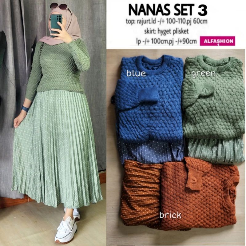 nanas set / one set rajut  / one set rajut rok plisket