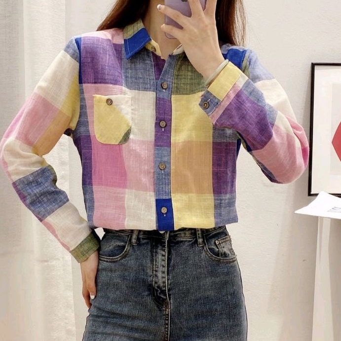 4191 Kemeja wanita realpict Loly Square import/ Pakaian wanita baju atasan kemeja kerja kantor kotak