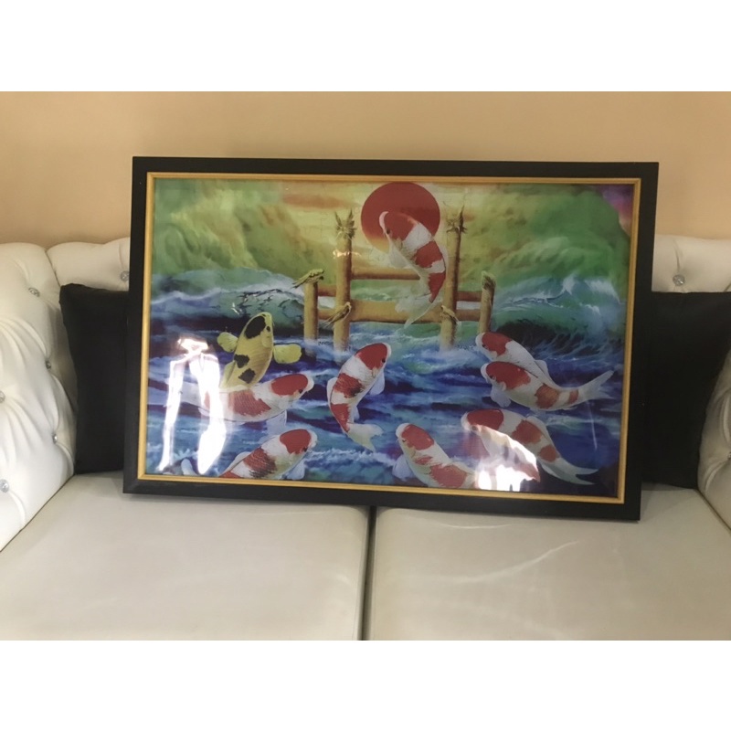 Hiasan Dinding Gambar Cetak Lukisan 9 Ikan koi melompat Plus Bingkai Uk 60cm x 90cm