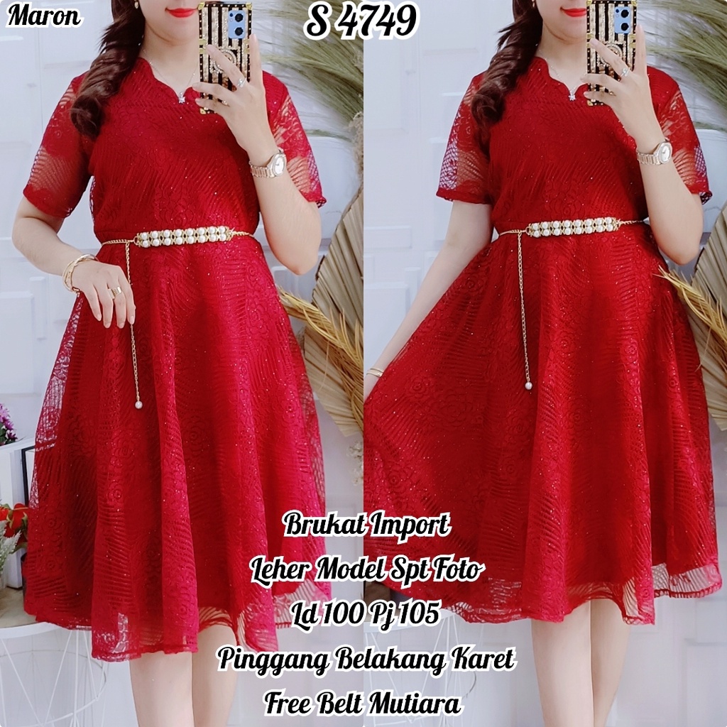 STYLE 4749.DRESS BRUKAT POLOS+BELT LENGAN PENDEK MIDI DRES REAL PICTURE