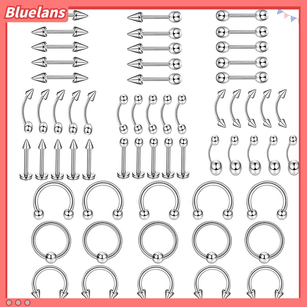 60pcs / Set Cincin Tindik Bibir Alis Kuku Hidung Bahan Stainless Steel Untuk Unisex