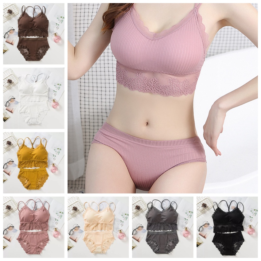 Bra Wanita Tanpa Kawat Set Push Up Isi Busa Lace Katun Breathable Hiasan Bordir 3B06