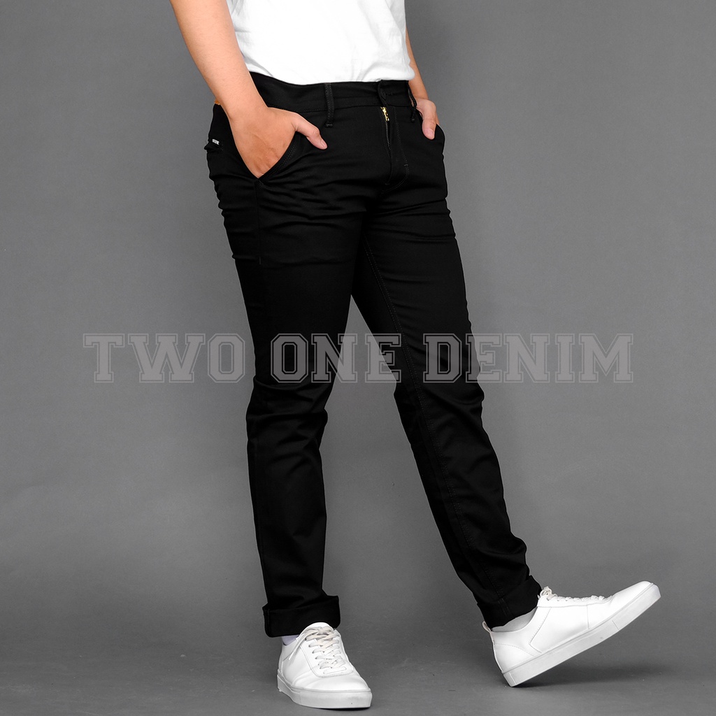 TWO ONE Celana Chino Pria Panjang Slim Fit - Chino Panjang Pria Dewasa Hitam