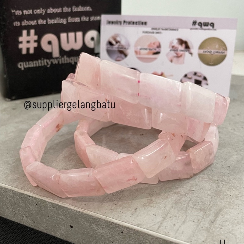 Gelang batu ROSE QUARTZ jajargenjang Premium Akik Pink