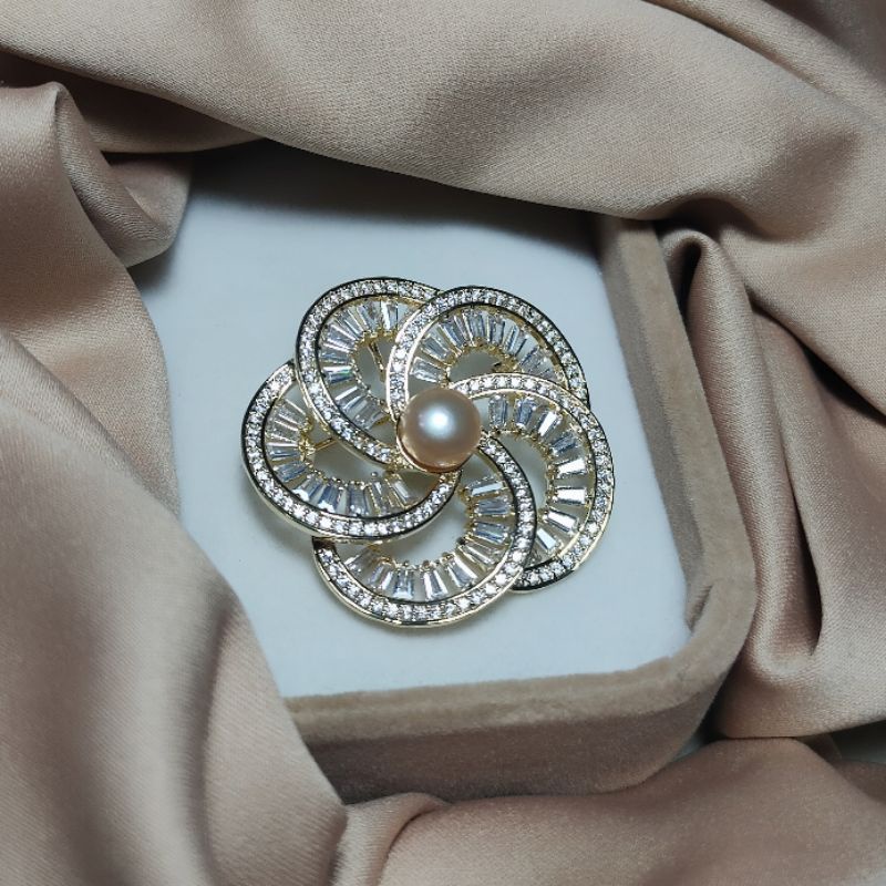 Bros rhodium lapis emas mutiara air tawar asli lombok bersertifikat Aksesoris mutiara lombok Aksesor