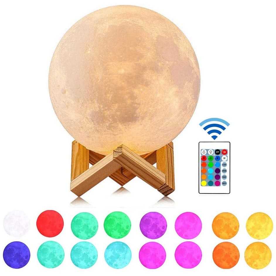 Lampu Tidur 3D LED Printed Moon Night Light Lamp 16 Color Cahaya Bulan Model Charge + Remote Control