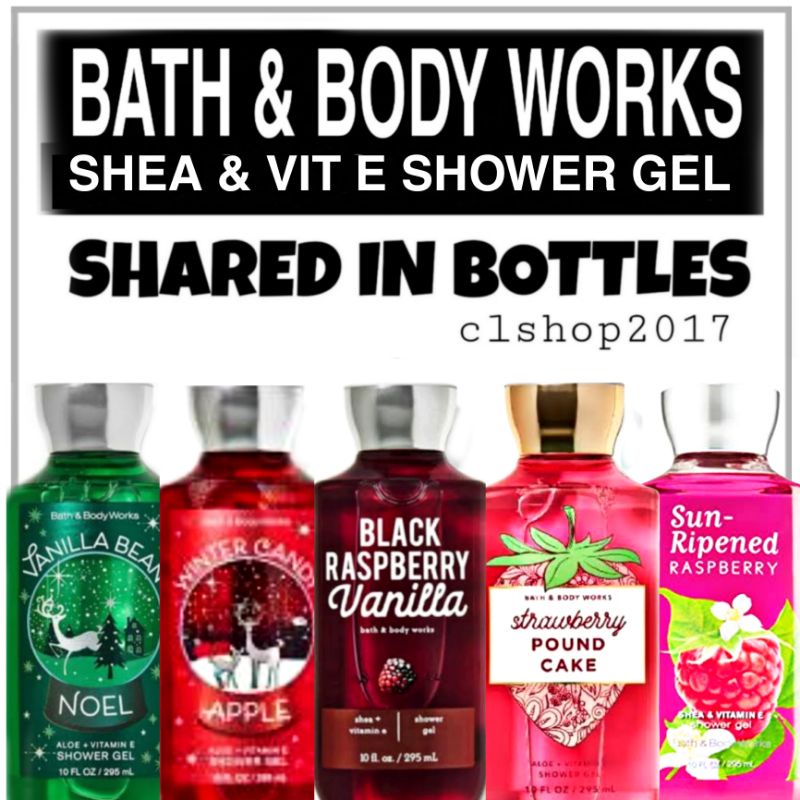 BBW SHARE IN BOTTLE SHOWER GEL 3 ML PART 2/2 ML winter candy apple vanilla bean noel black raspberry strawberry pound cake marshmallow pumpkin latte chocolate covered cherry raspberry jam donut warm vanilla waikiki beach coconut palm hibiscus cotton candy