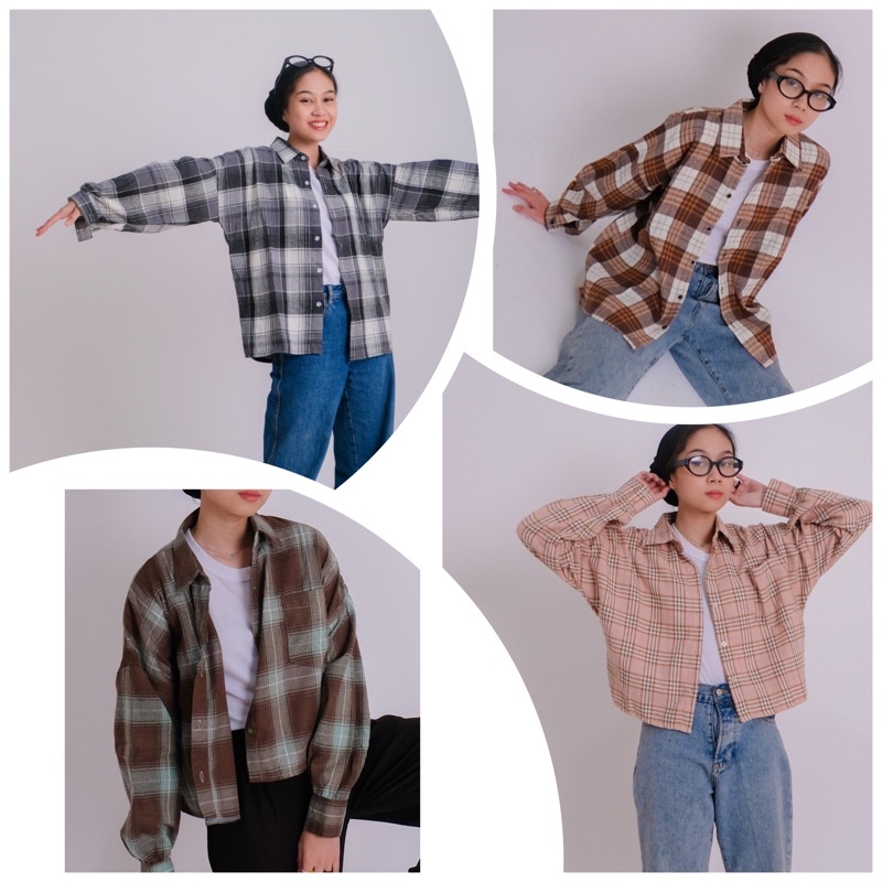 KEMEJA FLANEL WANITA OVERSIZE JUMBO LENGAN BALON