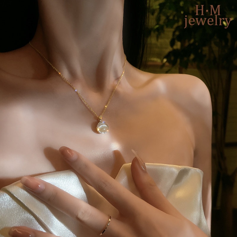 Kalung Rantai Dengan Liontin Batu Opal Bulat Geometris Untuk Wanita 2022