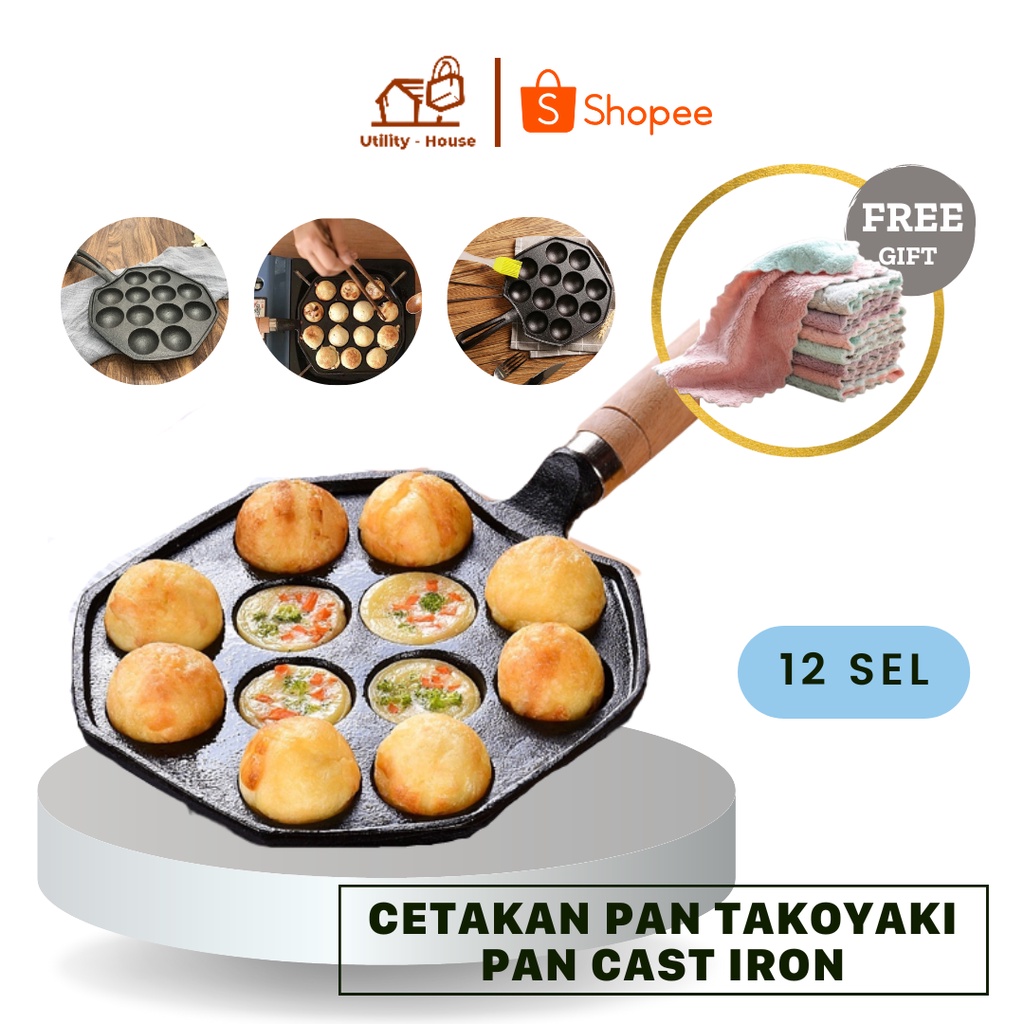 Jual Cetakan Pan Takoyaki Pan Cast Iron, Takoyaki pan 12 lubang Anti