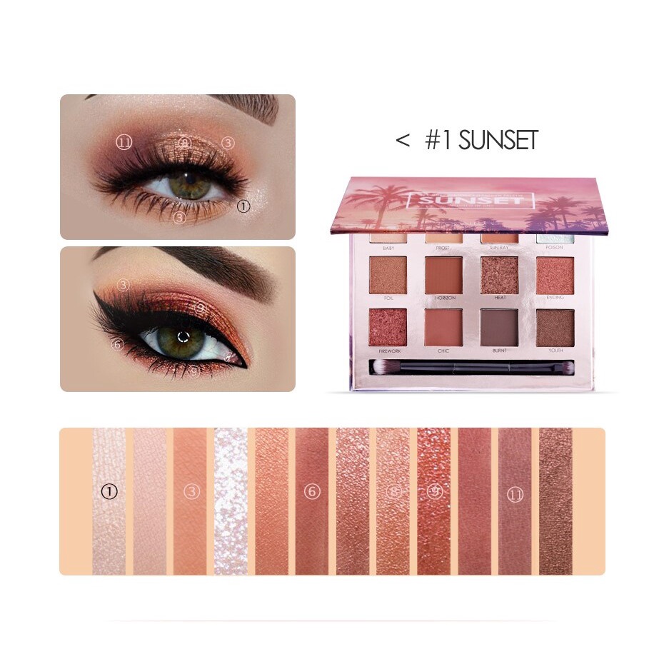 [ORI &amp; BPOM] FOCALLURE Eyeshadow Palette SUNSET 12 Shade Warna FA50 | Shimmer Glitter Waterproof Smudgeproof | BPOM