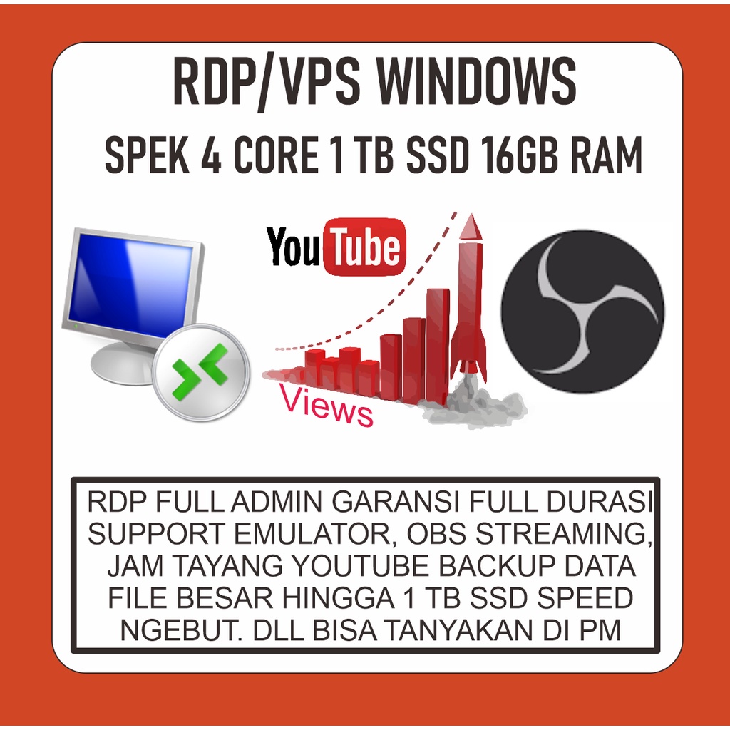RDP 4 CORE 1TB SSD 16GB RAM SUPPORT EMULATOR & OBS (Minggan/Bulanan)