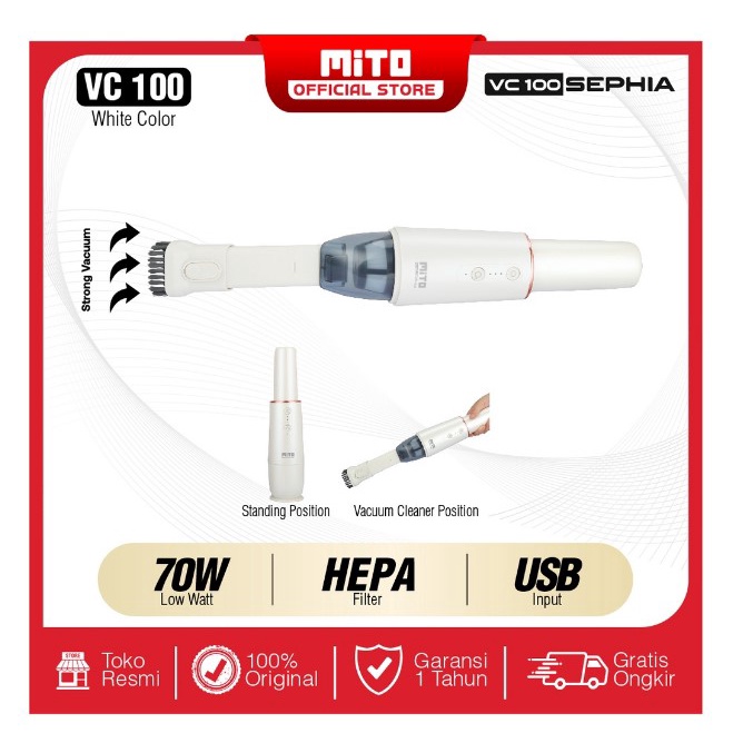 MITO Vacuum Cleaner WIRELESS - Penyedot Debu CORDLESS Portable VC100 Dengan Hepa Filter SEPHIA
