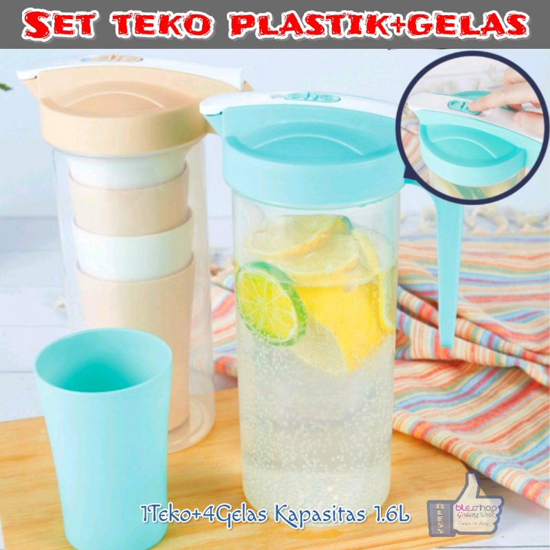 BLESSHOP Set Teko Plastik Dan Gelas 5in1 1600ml Jug Pitcher