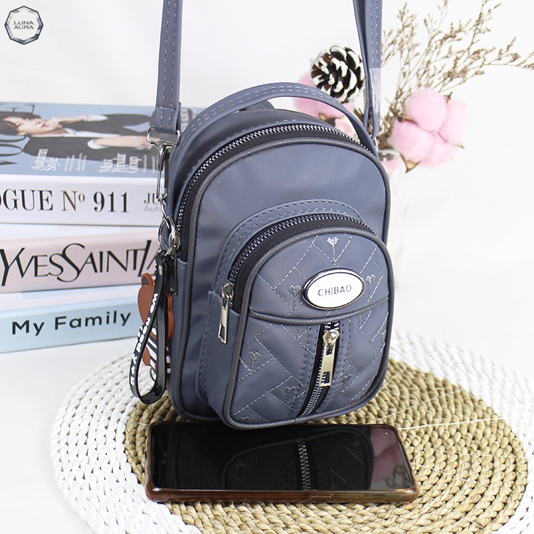 Luna Aura Tas Ransel Mini Wanita 3in1 Parasut Nilon Bordir Slingbag Wanita Kekinian Tas Slempang Wanita Tas ootd-Abu abu