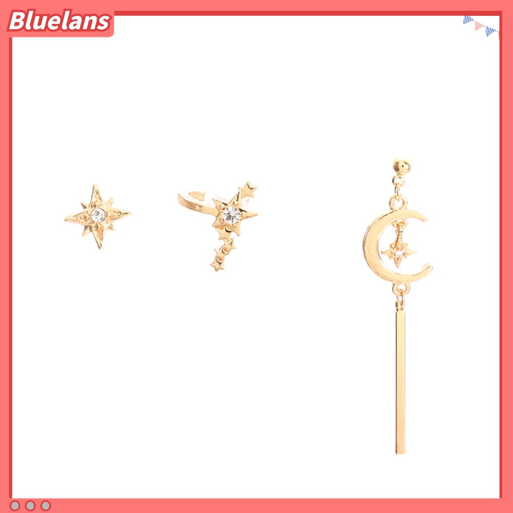 3pcs / Set Anting Stud Desain Bulan Bintang Bar Aksen Berlian Imitasi Untuk Wanita