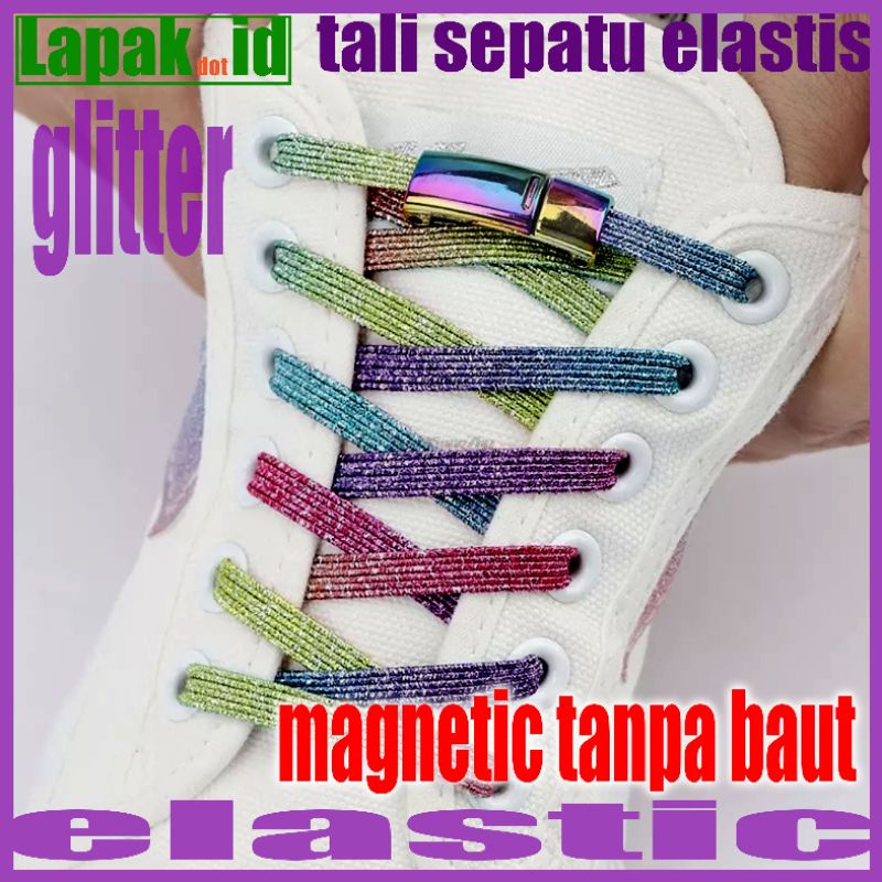 tali sepatu elastis flat glitter dengan magnetic lock tanpa baut