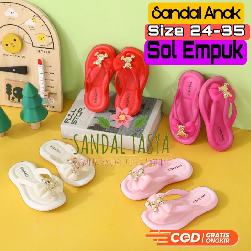 Sandal Jepit Anak Perempuan Pita Jelly Import Balance 8001-A1 Karakter Bear Gold Terbaru Umur 3 4 5 6 7 8 Tahun