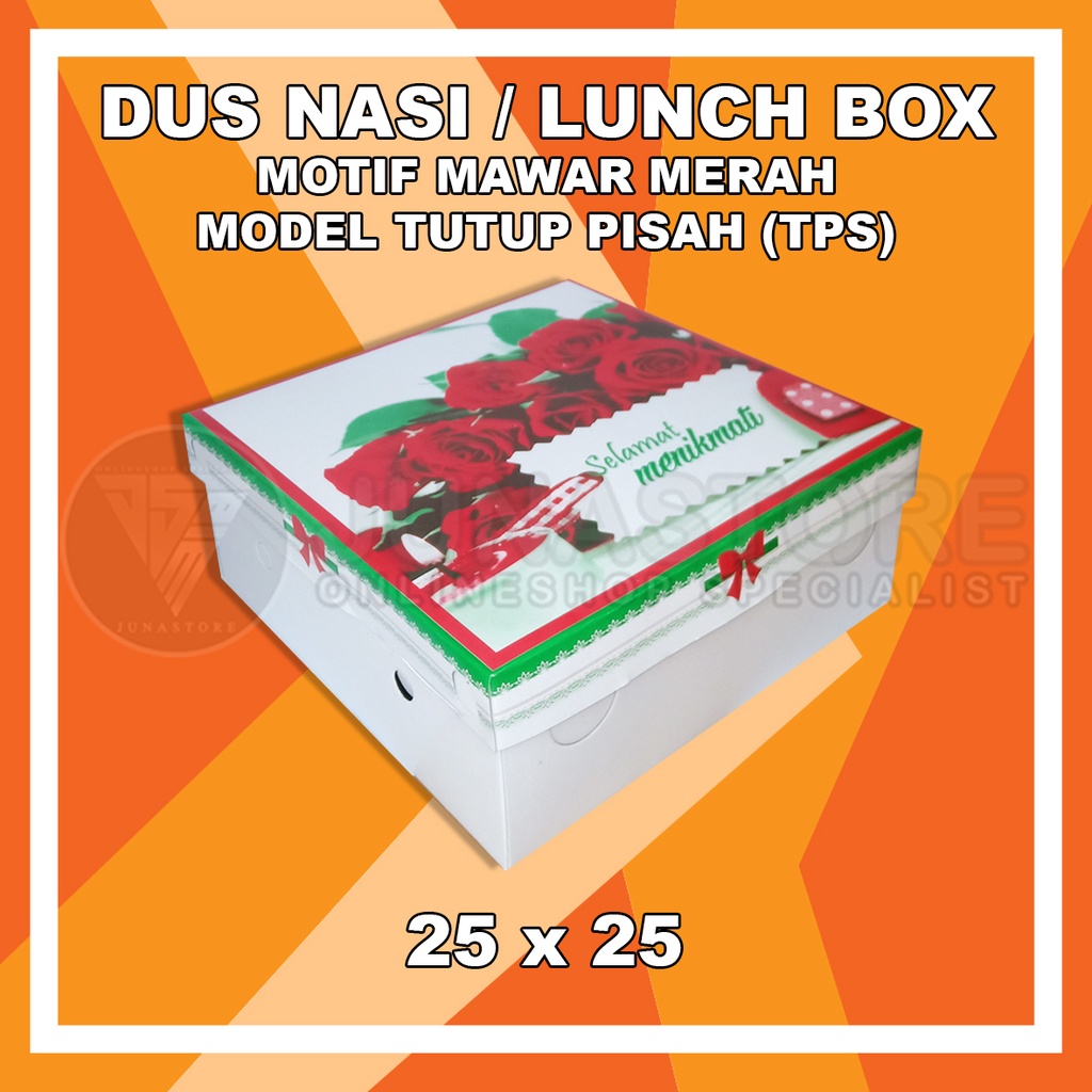 Dus nasi / lunch box motif mawar merah model tutup pisah (TPS) 25 x 25