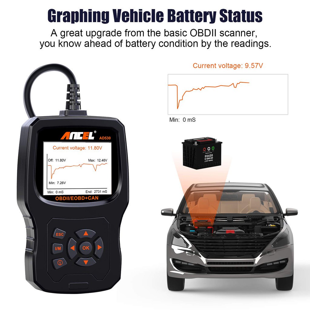 ANCEL AD530 Vehicle OBD2 Scanner Car Code Reader Diagnostic Scan Tool Enhanced Code Definition Upgraded Graphing Battery Status