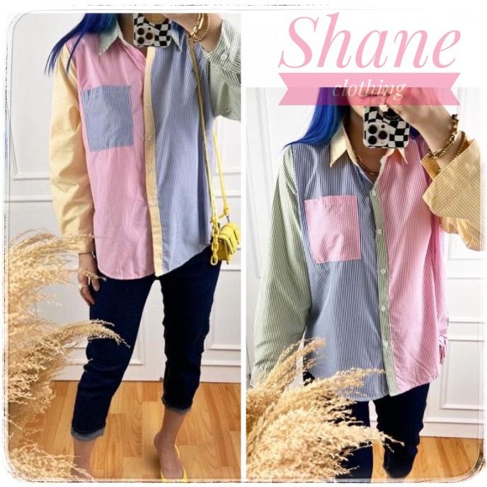 KEMEJA WANITA GARIS WARNA WARNI KANTONG LENGAN PANJANG Termurah