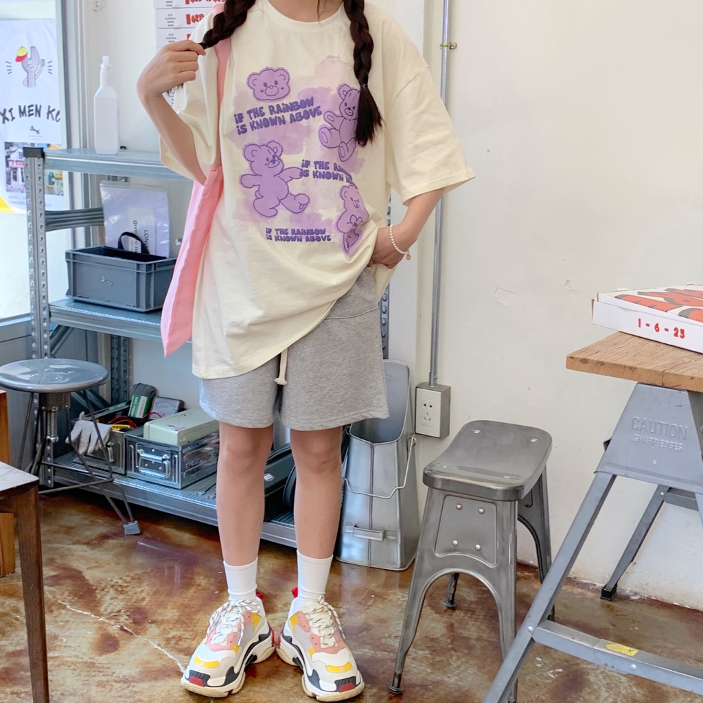 EUNII T-shirt Lengan Pendek Imut Ungu Beruang Pencetakan Longgar Korean Style/Kaos Atasan Wanita/Baju Kaus Oversize Wanita