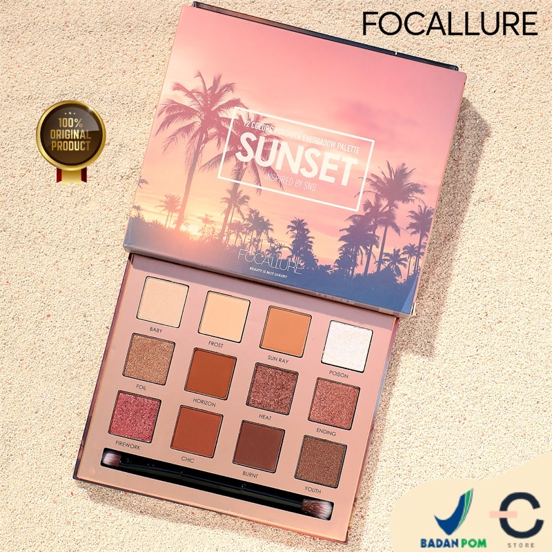 [ORI &amp; BPOM] FOCALLURE Eyeshadow Palette SUNSET 12 Shade Warna FA50 | Shimmer Glitter Waterproof Smudgeproof | BPOM
